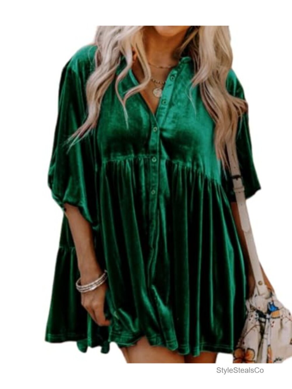 Womens Velvet Button Down Tunic Top 3/4 Sleeve Babydoll Mini Dress Casual